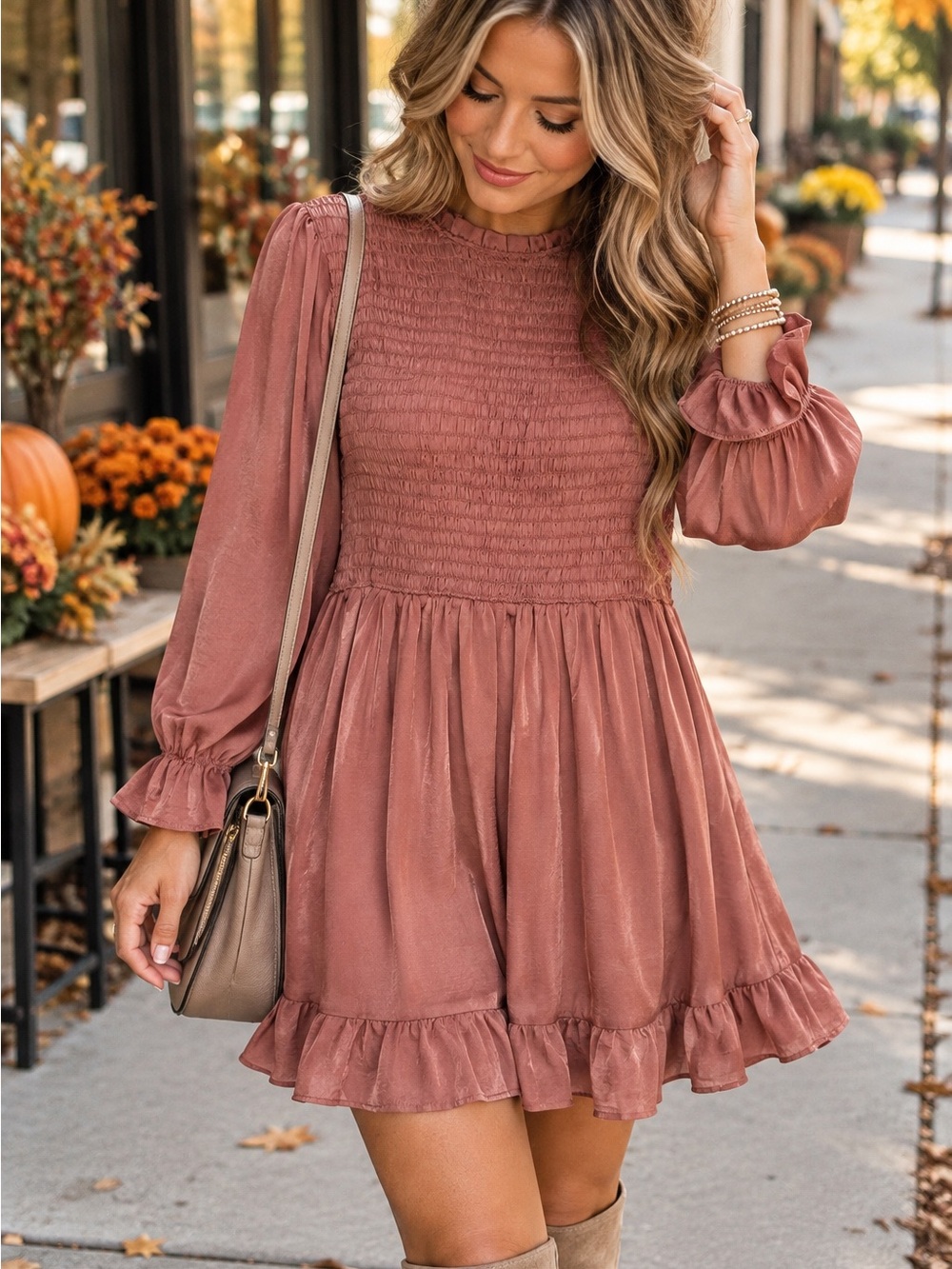 BaeVely Dusty Rose Smocked Mini Dress Large Ruffle Cottagecore Romantic Fall